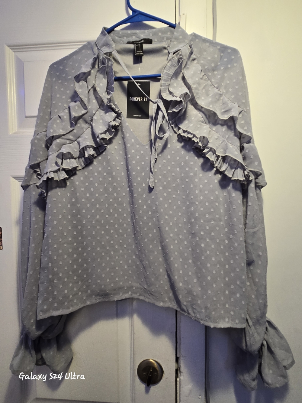 Forever 21 Light Blue Polka Dot Ruffle Long Sleeve Blouse Soze Large